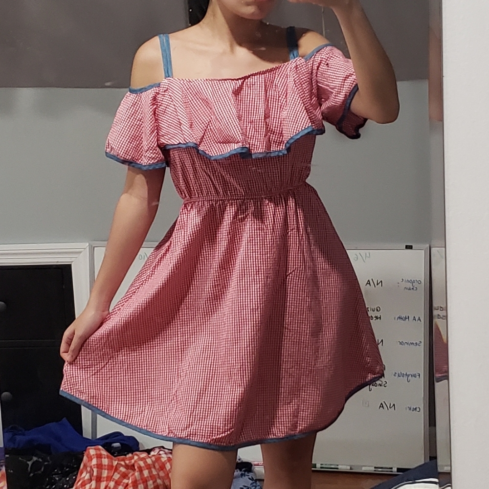 Off The Shoulder Red Gingham Flare Mini Dress